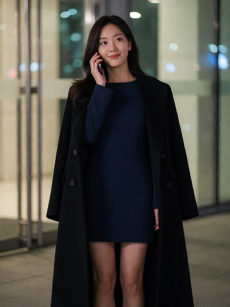 成人短视频女友剧情图：虚构成年女子穿深蓝连衣裙在夜晚办公楼外接电话