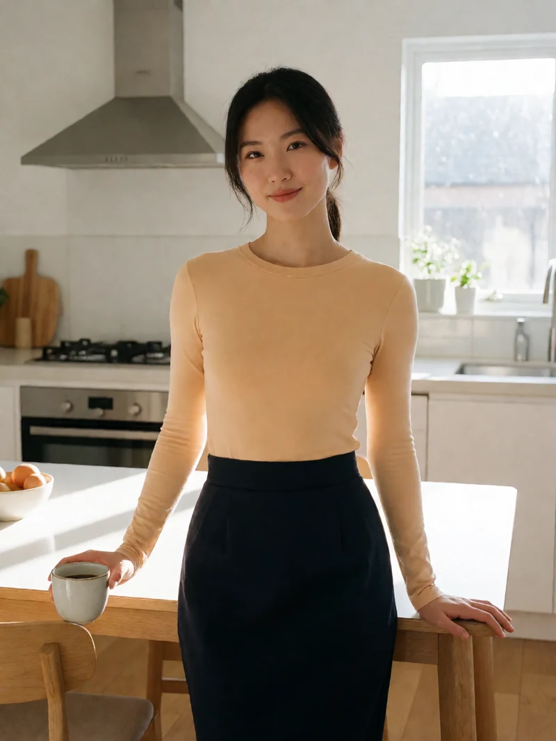 成人短视频清晨日常图：虚构成年女子穿浅杏色上衣在厨房餐桌旁拿咖啡
