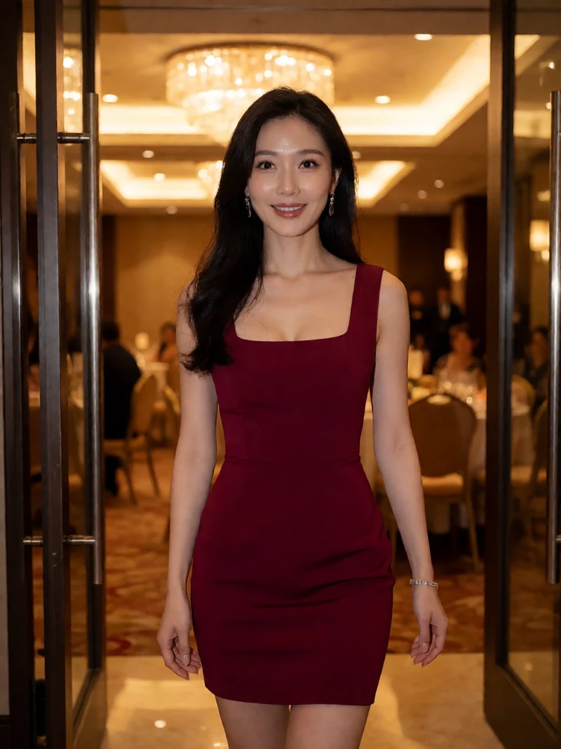 成人短视频晚宴情境图：虚构成年女子穿酒红晚礼裙站在暖金色宴会厅门口回头